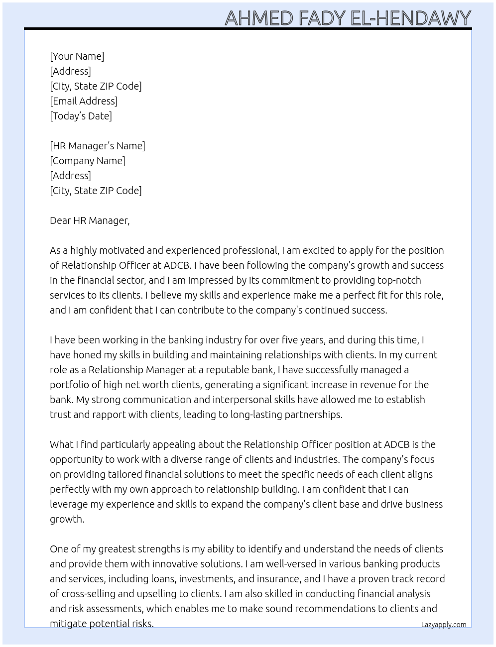 RelationShip  Officer At ADCB Cover Letter