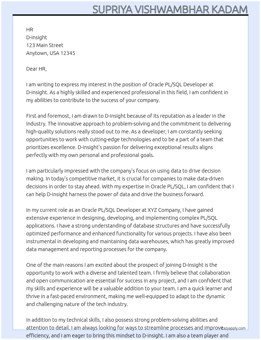 Oracle PL/SQL Developer At D-insight  Cover Letter