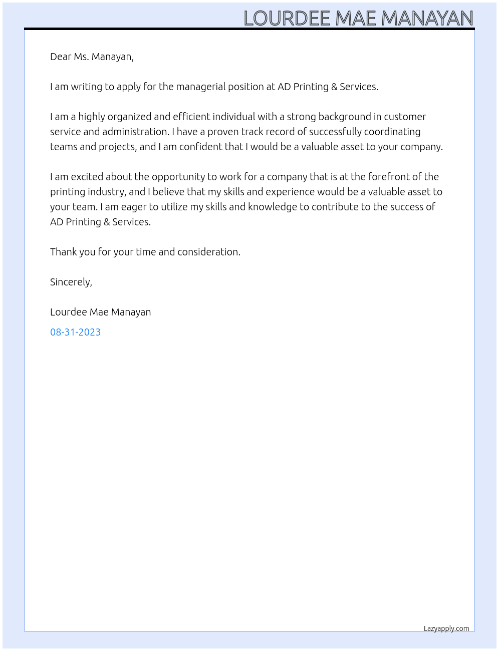 managerial At AD Printing & Services Cover Letter