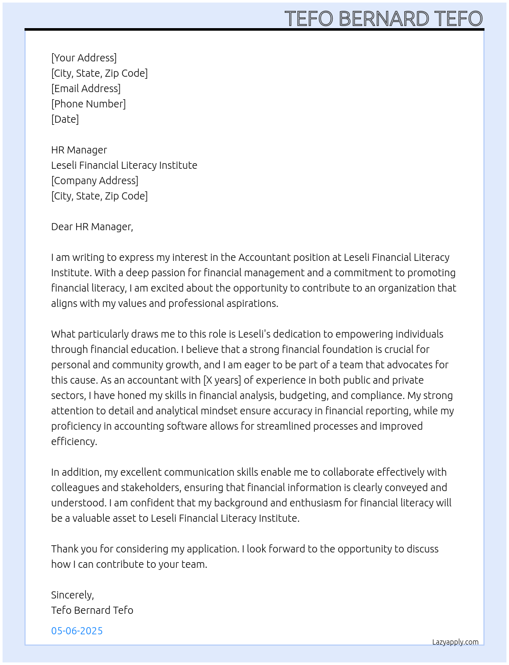 Accountant  At Leseli Financial Literacy Institute Cover Letter