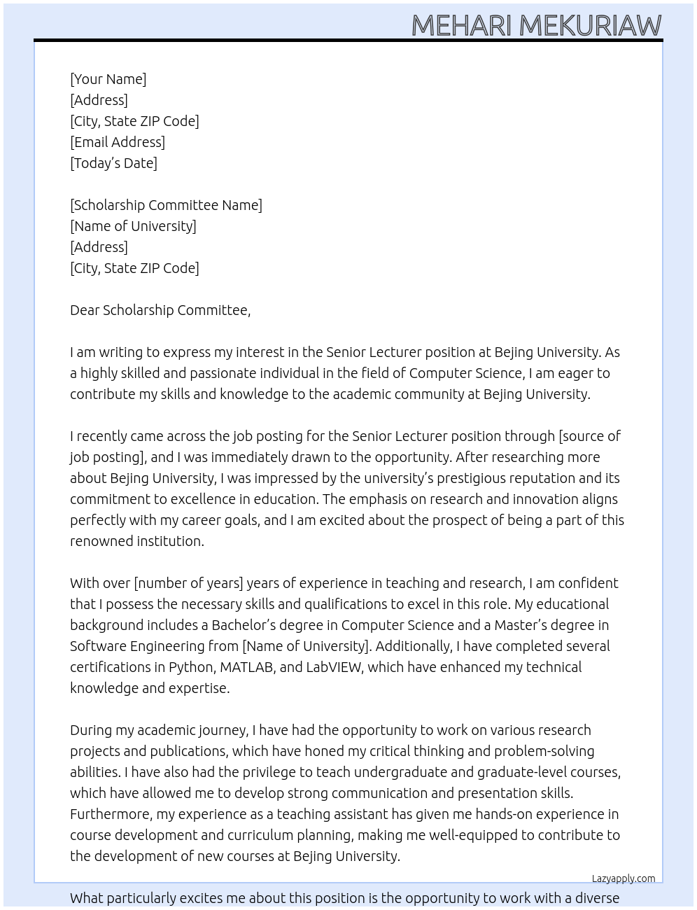 Senior Lecturer At Bejing University Cover Letter