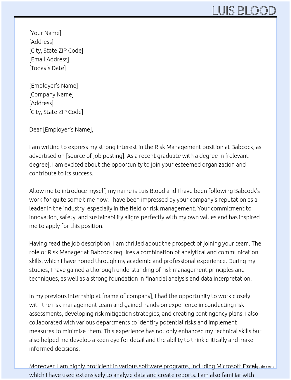 risk management  At Babcock Cover Letter