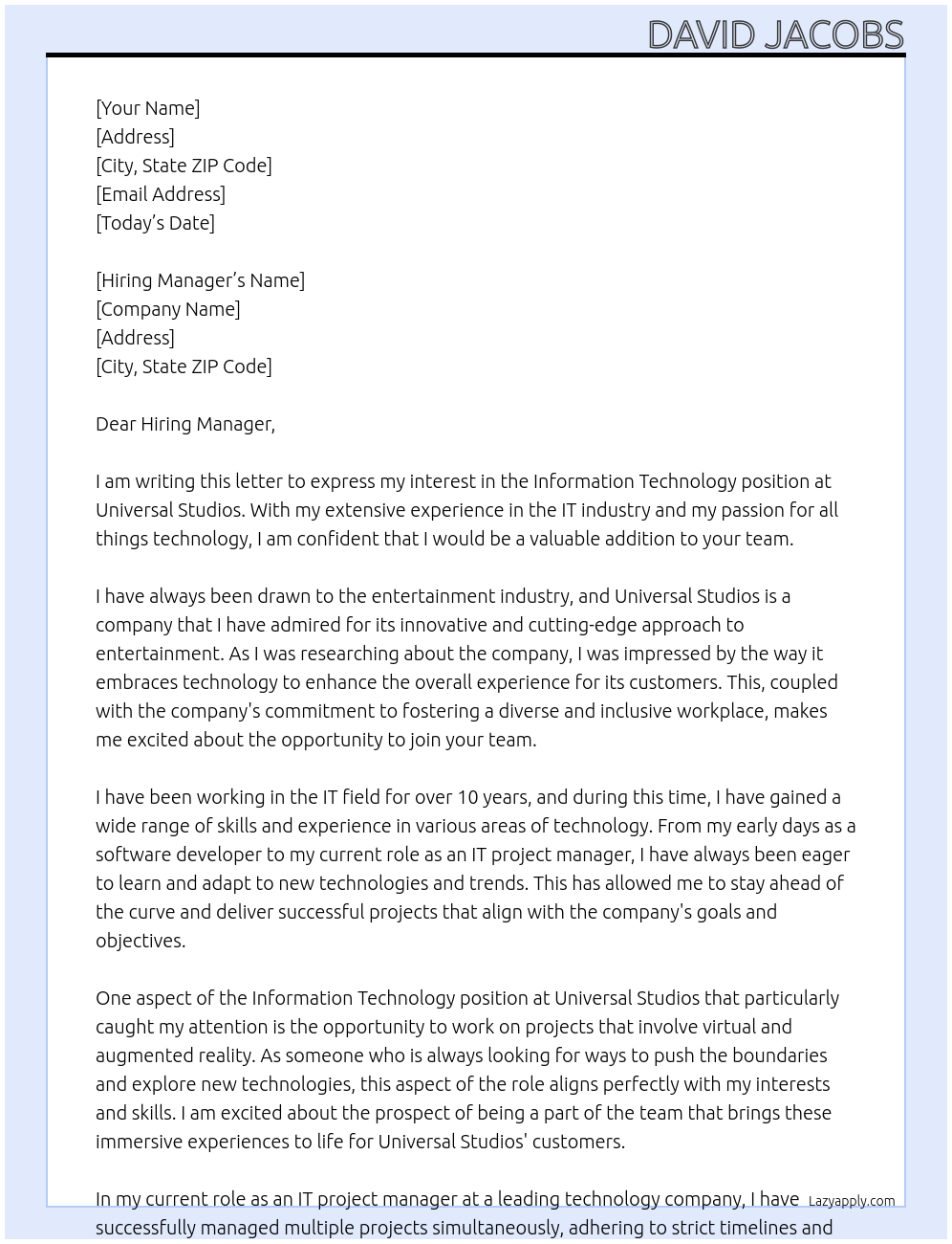 Information technology At Universal Studios Cover Letter