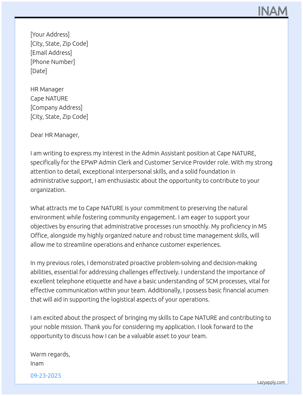 Admin Assistant At Cape NATURE Cover Letter