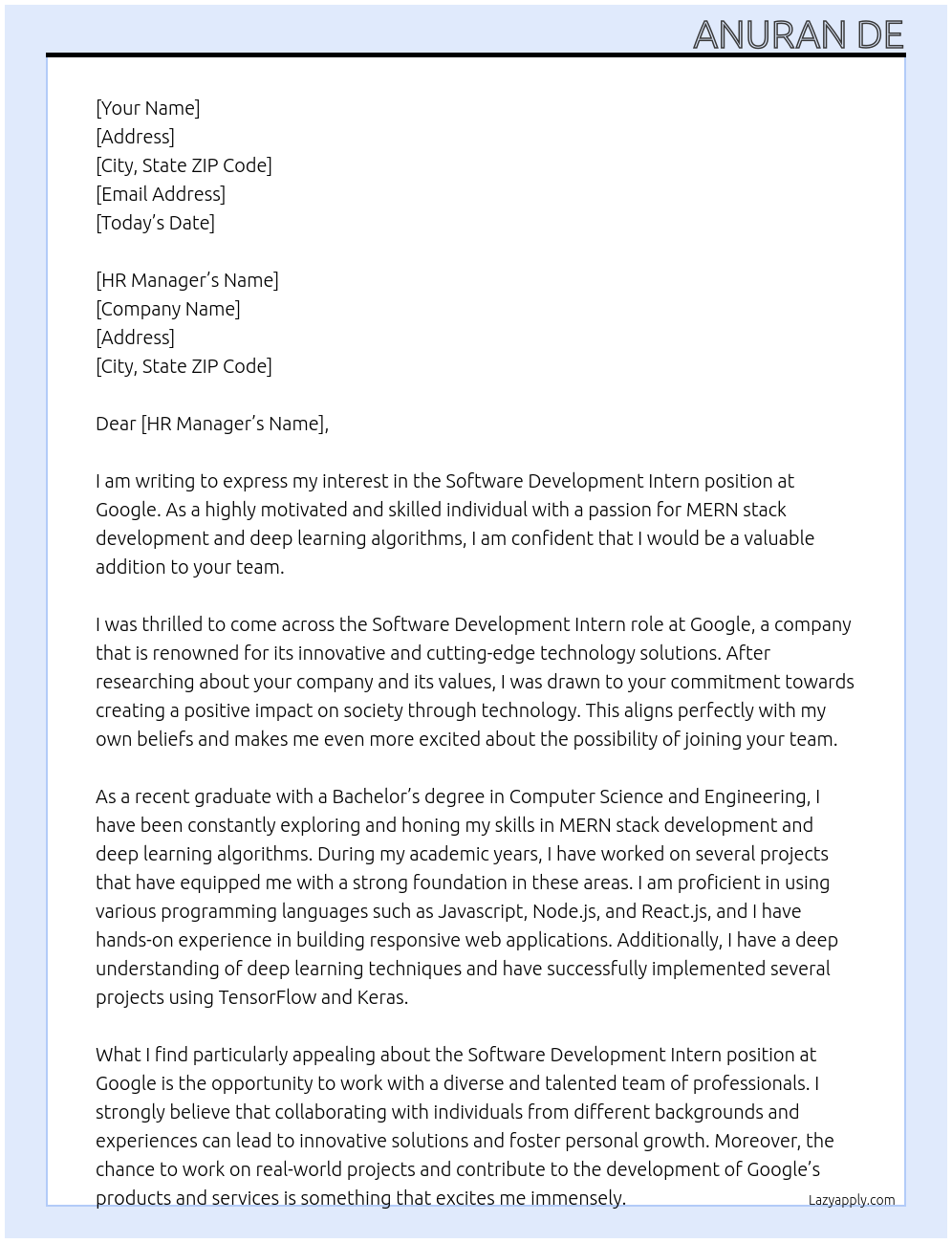 Software development intern At Google Cover Letter