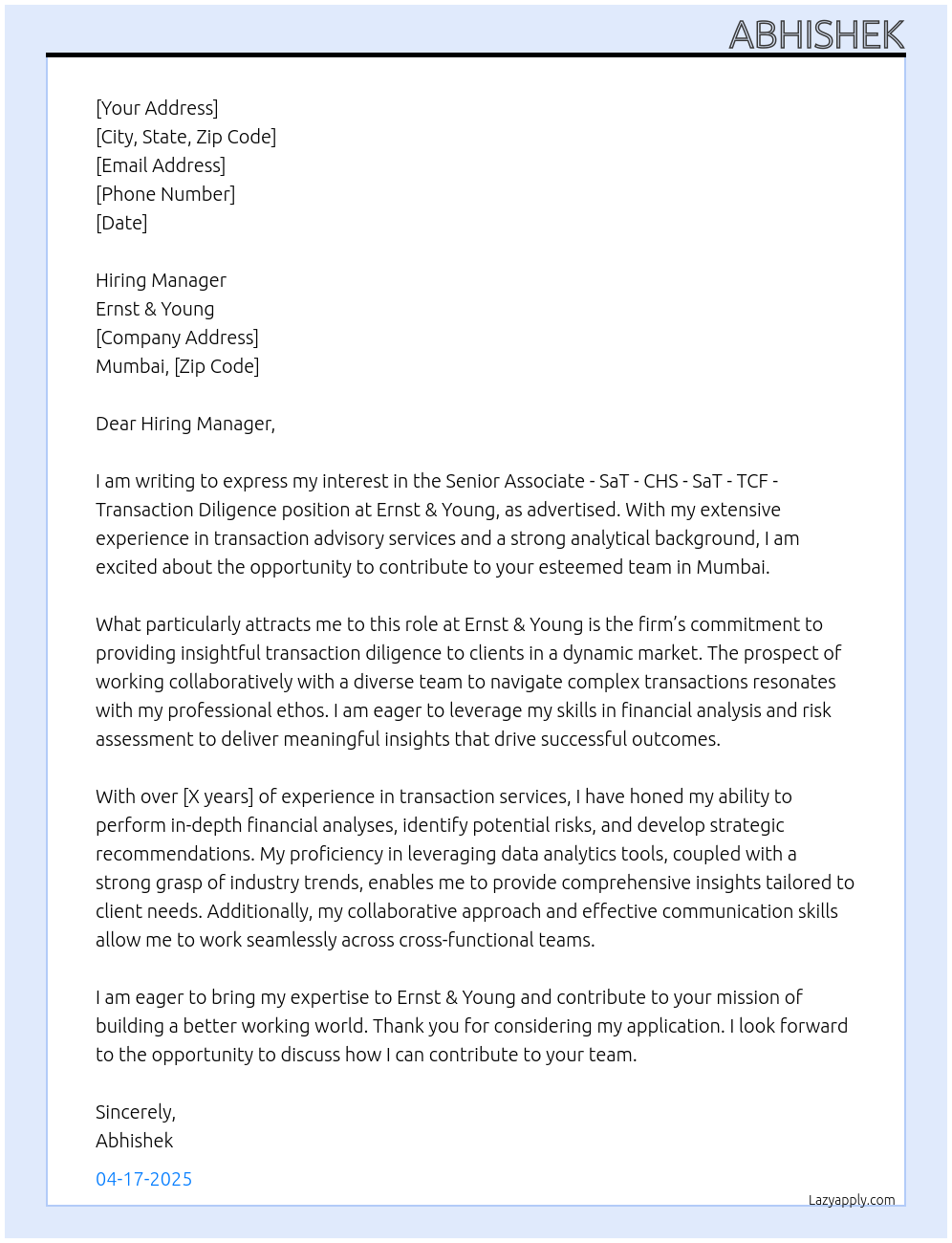 Senior Associate - SaT - CHS - SaT - TCF - Transaction Diligence At Ernst & Young Cover Letter