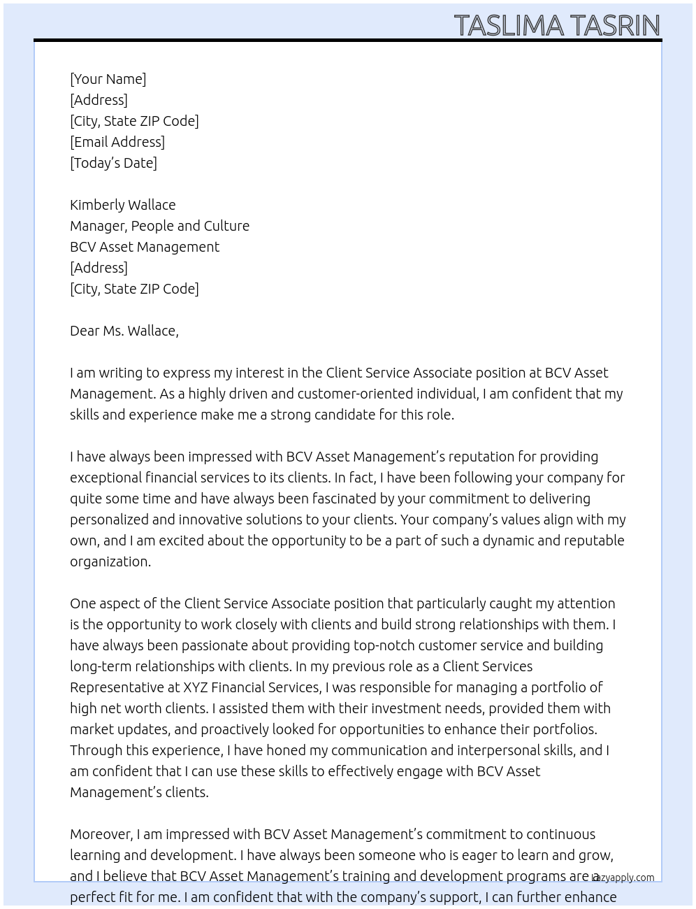 Client Service Associate At BCV Asset Management Cover Letter