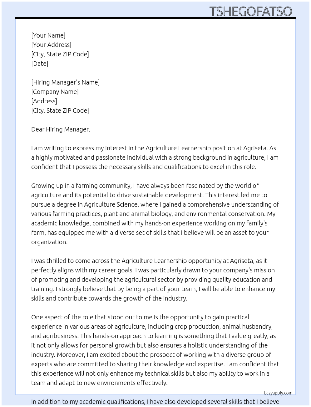 Agriculture Learnership At Agriseta Cover Letter