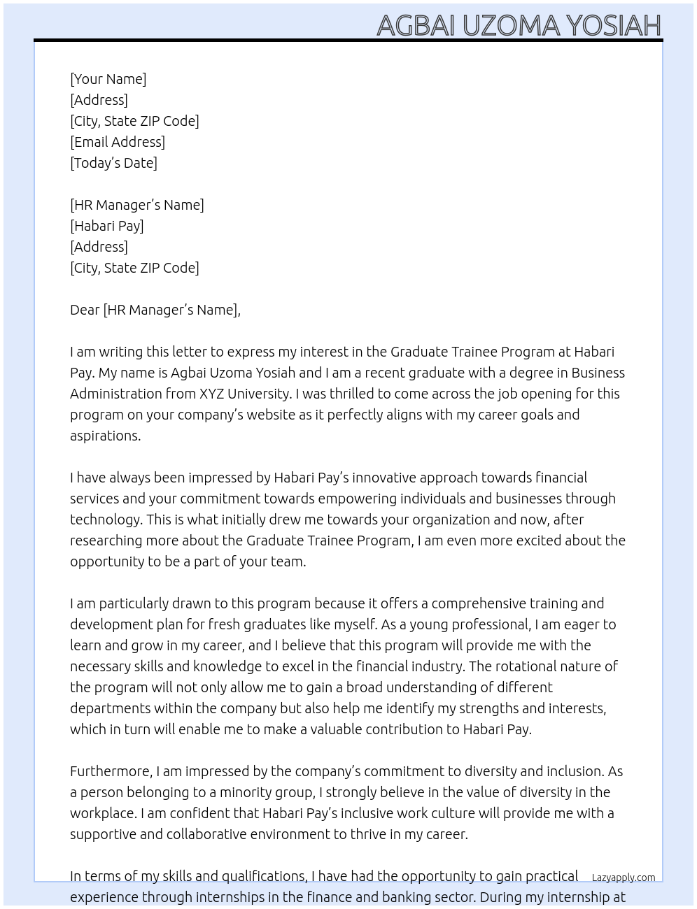 Graduate Trainee Program At Habari Pay Cover Letter