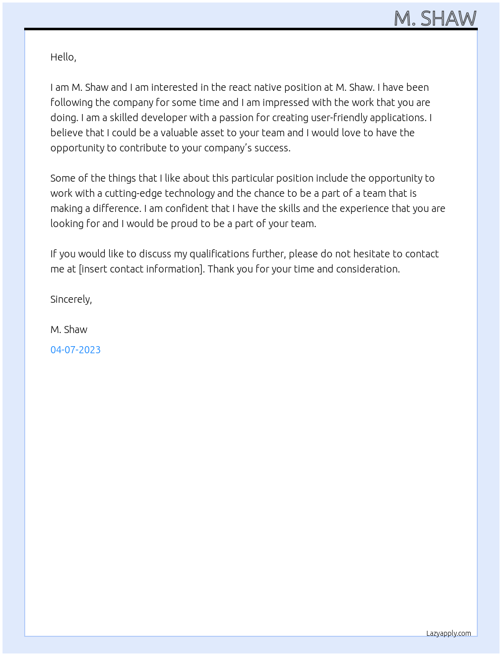 react native At M. Shaw Cover Letter