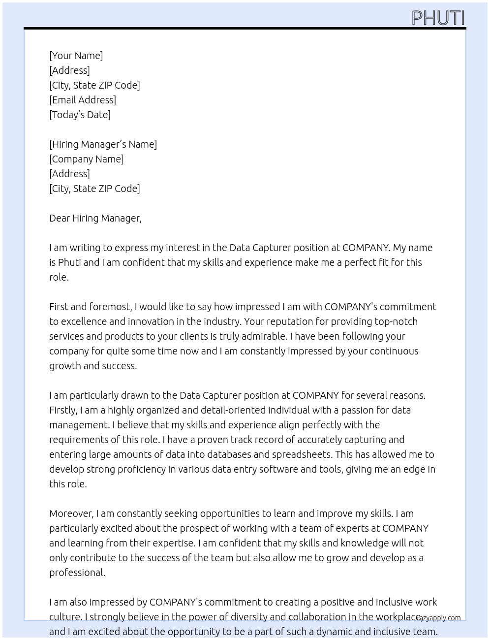 data capturer At COMPANY Cover Letter