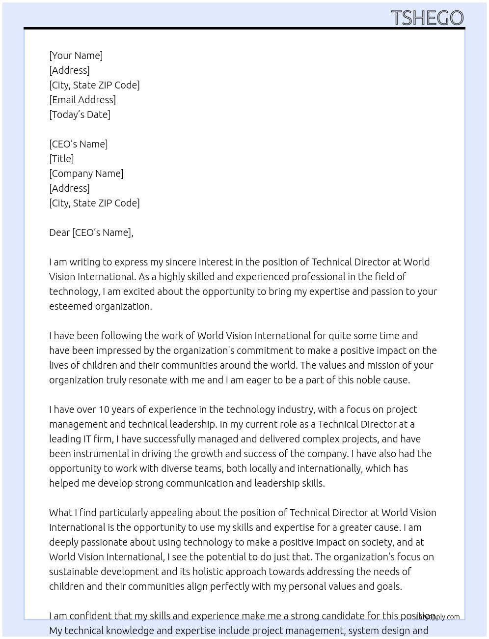 Technical Director At World Vision International Cover Letter