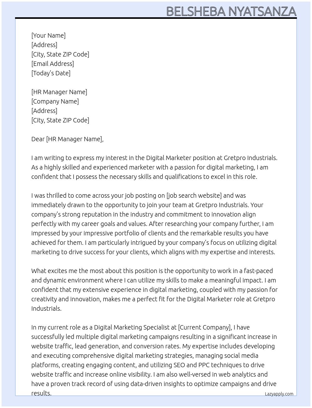 Digital marketer At Gretpro industrials Cover Letter
