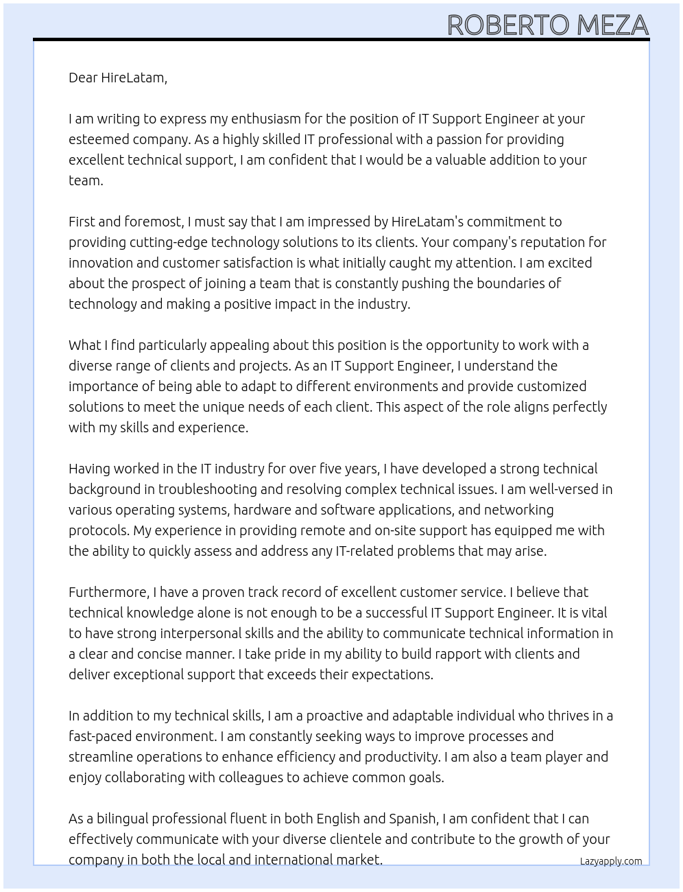 IT Support Engineer At HireLatam Cover Letter