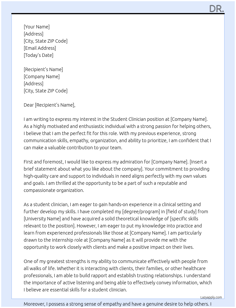 student clinician At DU Cover Letter
