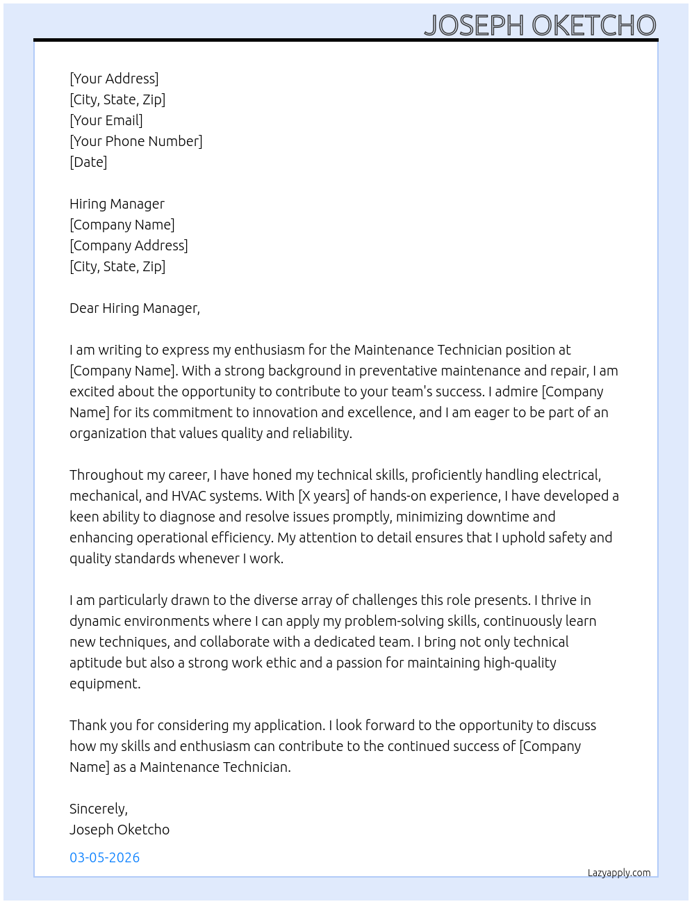 Cover letter for maintenance technician - LazyApply