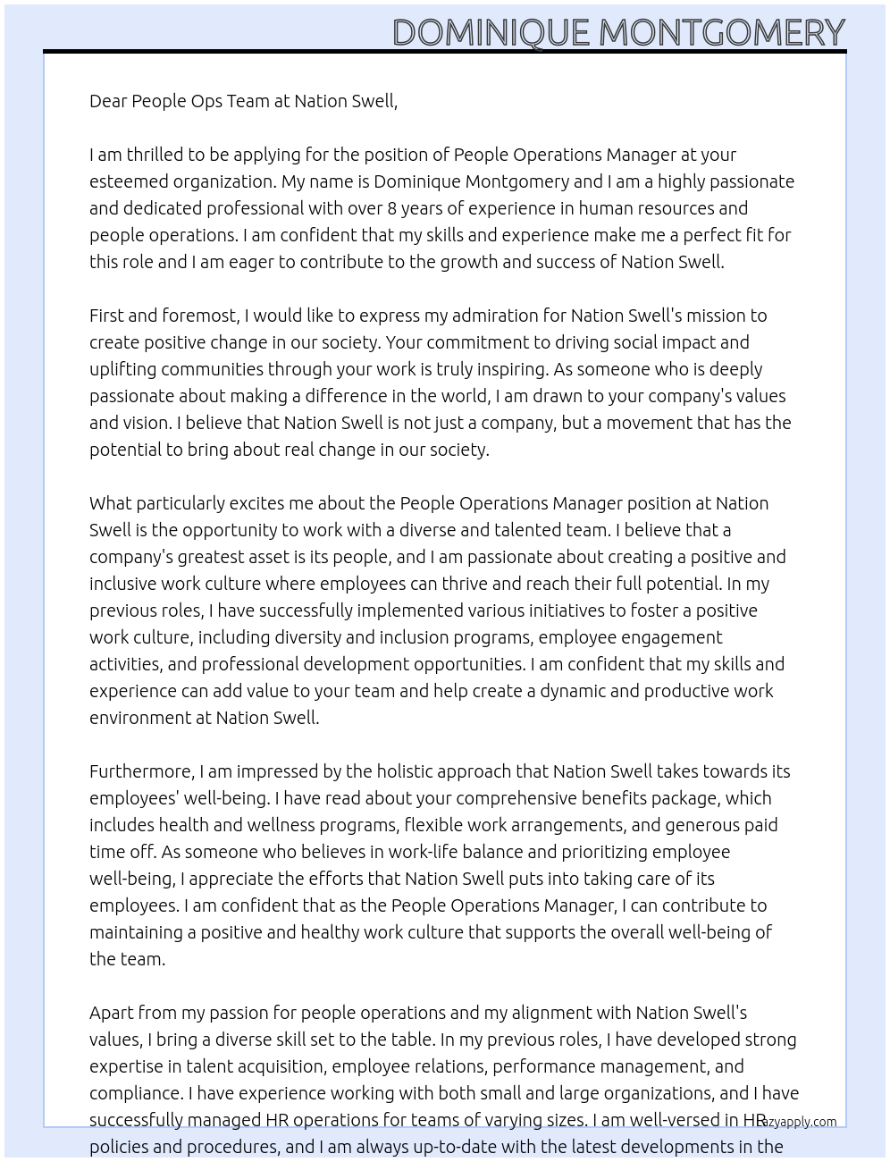 People Operations Manager At Nation Swell Cover Letter