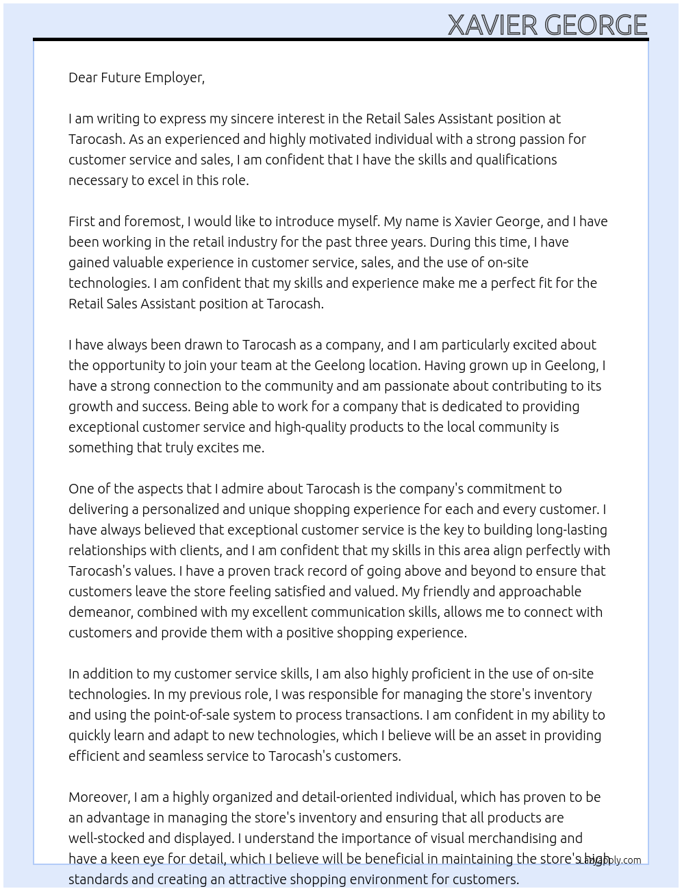 Retail Sales Assistant At Tarocash Cover Letter