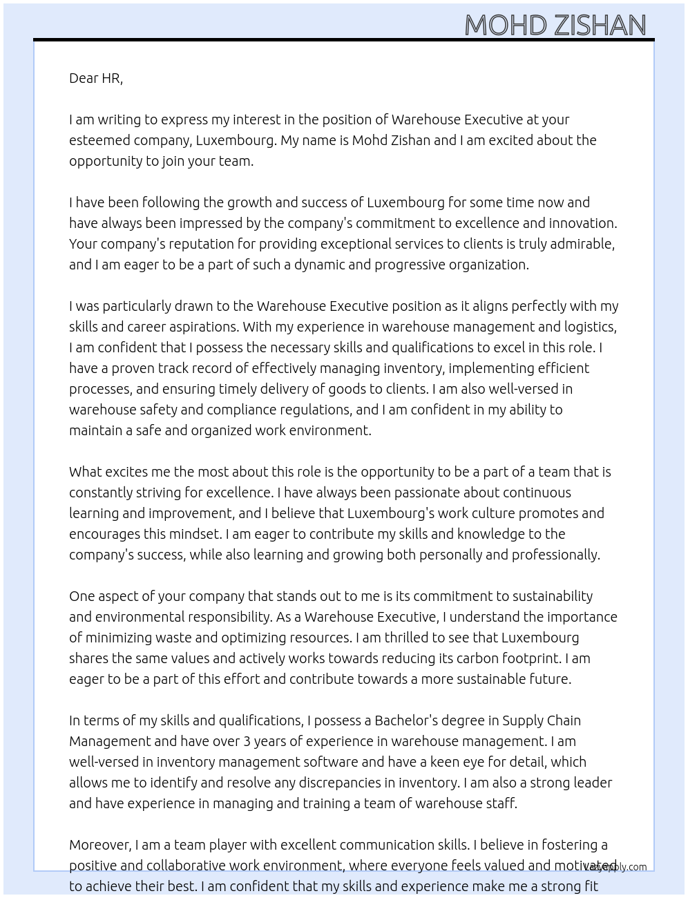 Warehouse Executive At Luxembourg Cover Letter