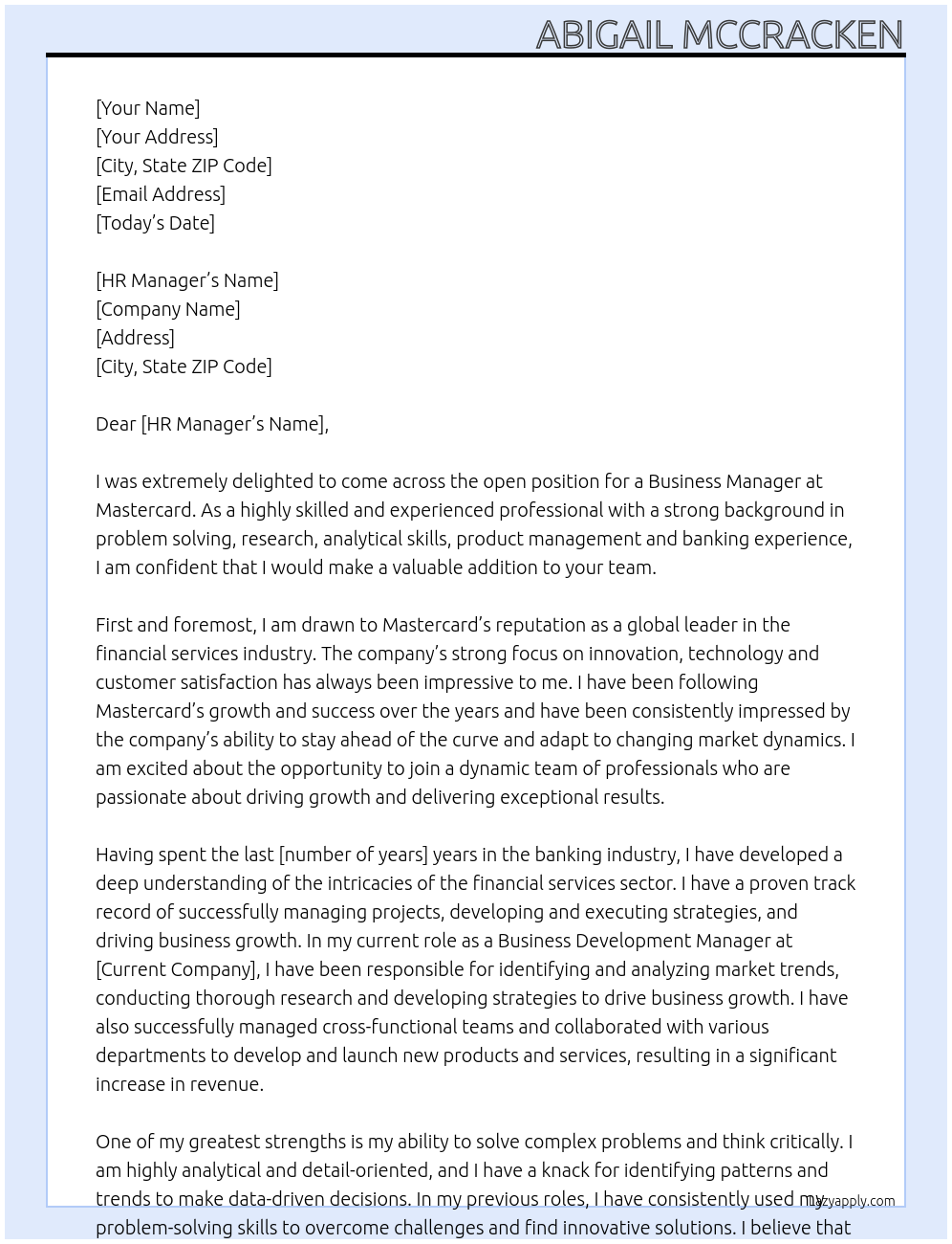 Business Manager At Mastercard Cover Letter