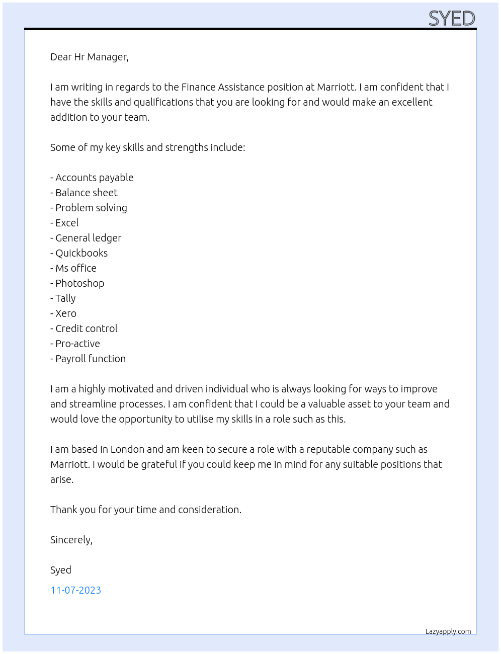 Finance Assistance  At Marriott Cover Letter