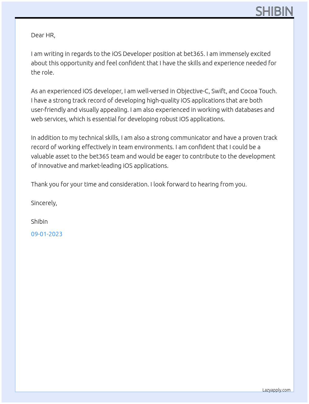 iOS Developer At bet365 Cover Letter