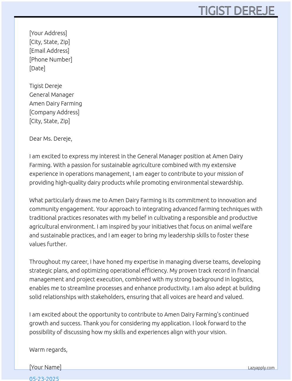 General Manager At Amen Dairy Farming Cover Letter