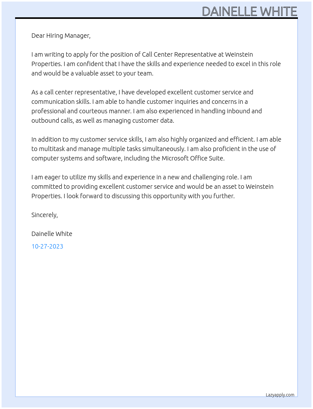 Call Center Representative At Weinstein Properties Cover Letter