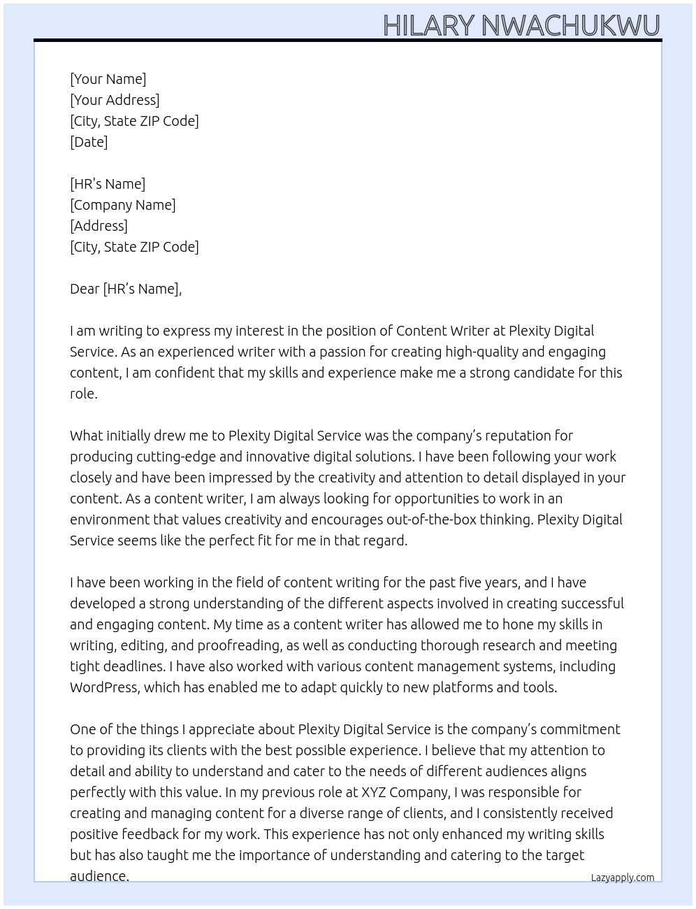 Content Writing At Plexity Digital Service Cover Letter