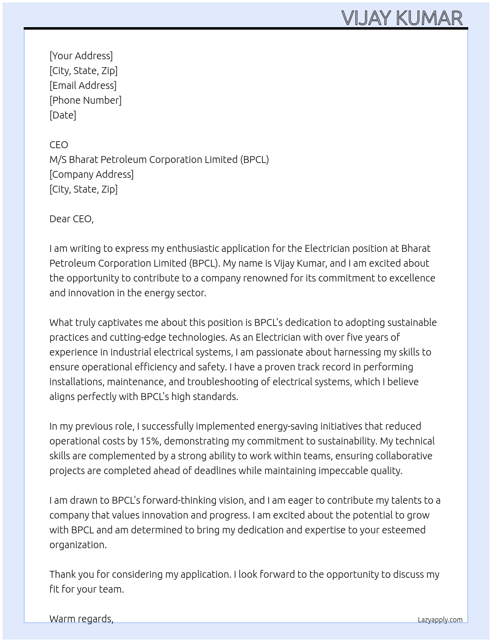 ELECTRICIAN  At M/S BHARAT PETROLIUM CORPORATION LIMITED (BPCL) Cover Letter