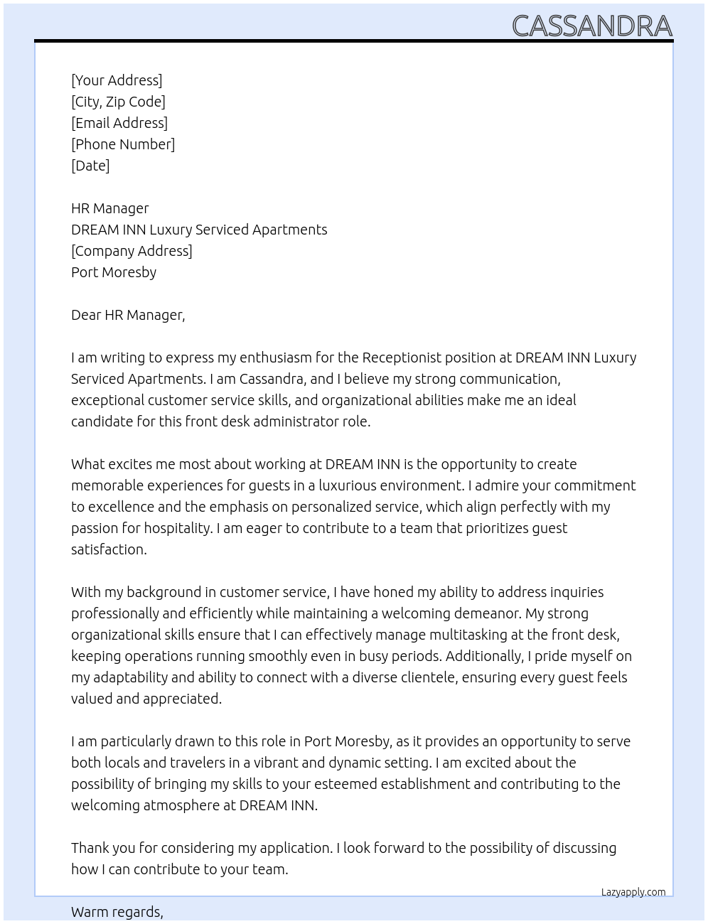 RECEPTIONIST At DREAM INN Luxury serviced apartments Cover Letter