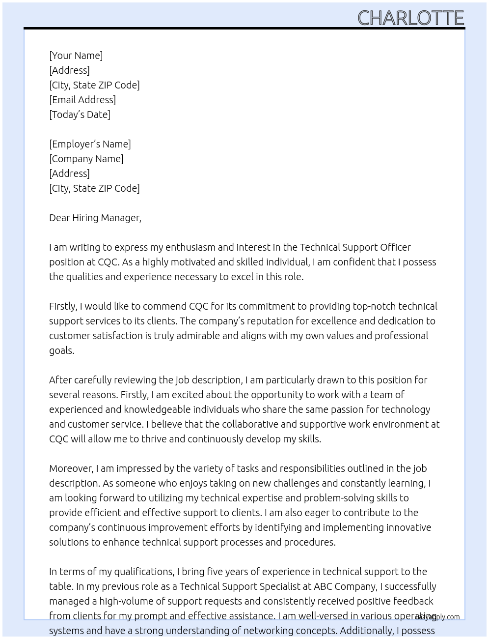 Technical Support Officer At CQC Cover Letter