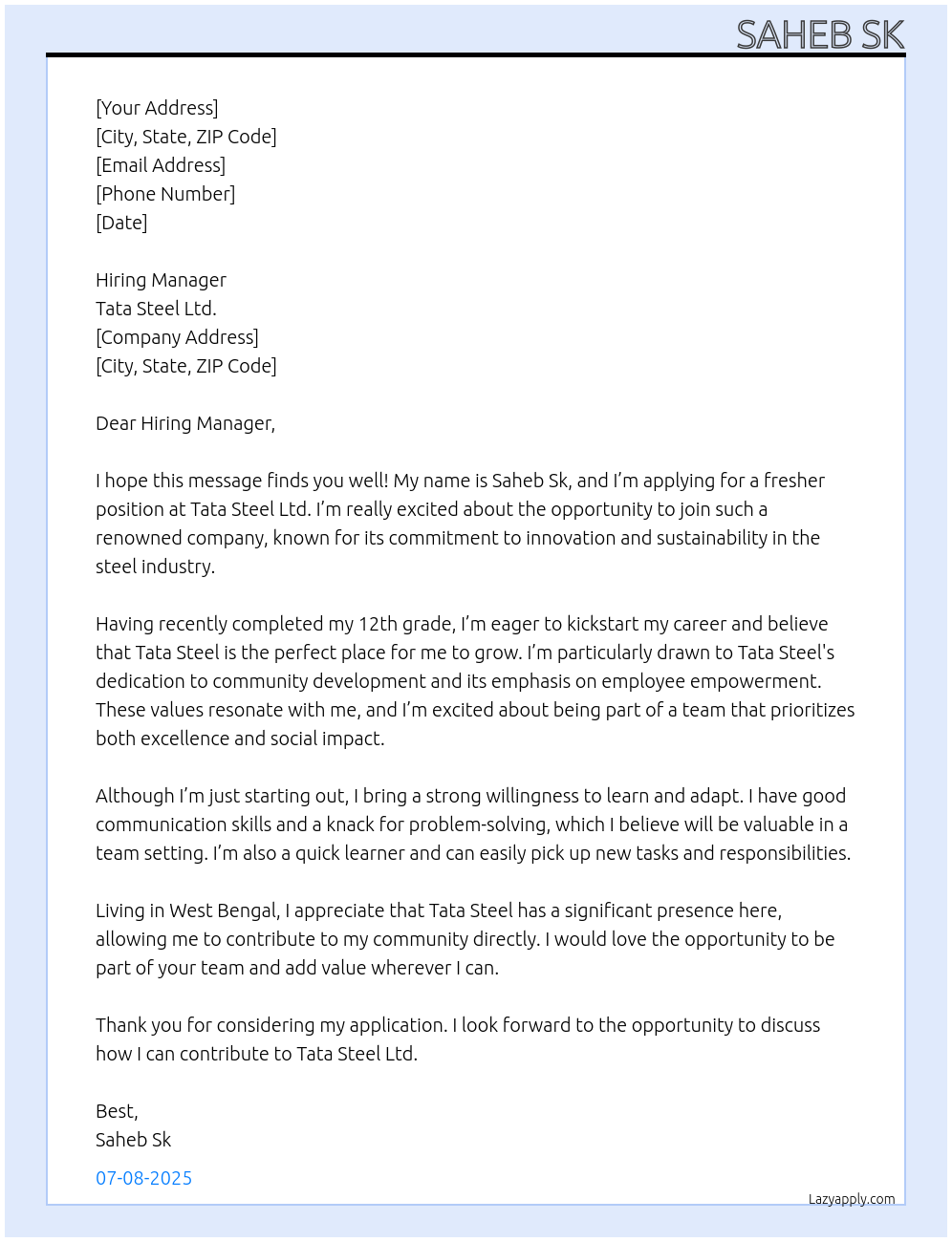 Freshers At Tata steel ltd. Cover Letter