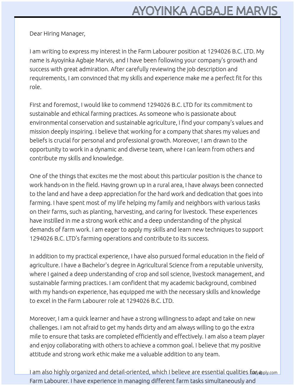 Farm labourer At 1294026 B.C. LTD Cover Letter