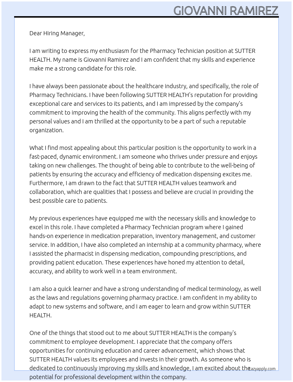 Pharmacy Technician At SUTTER HEALTH Cover Letter