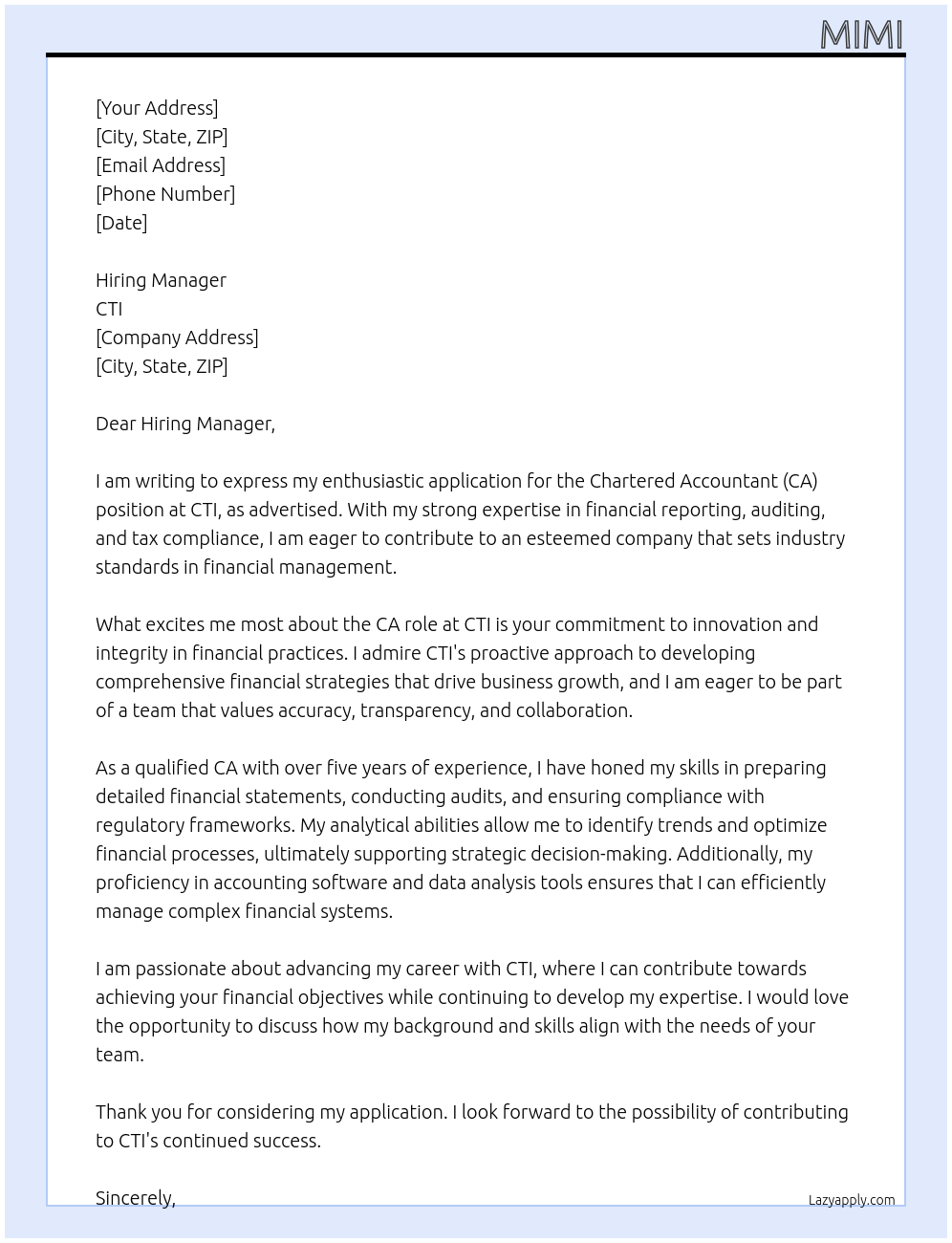 Cover letter for ca - LazyApply