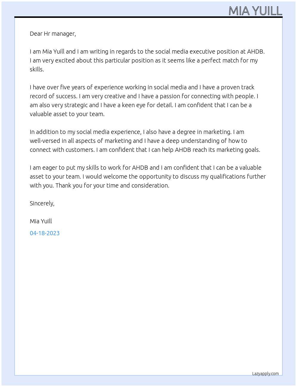 Social media executive At AHDB Cover Letter