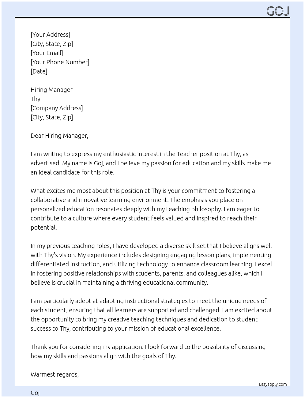 teacher At thy Cover Letter