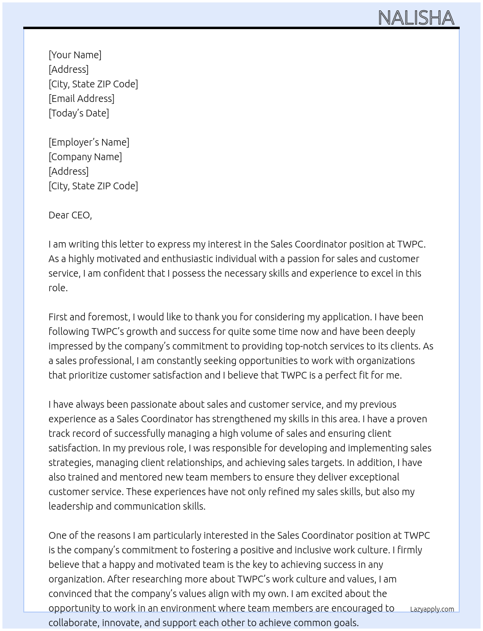 Sales Coordinator  At TWPC Cover Letter