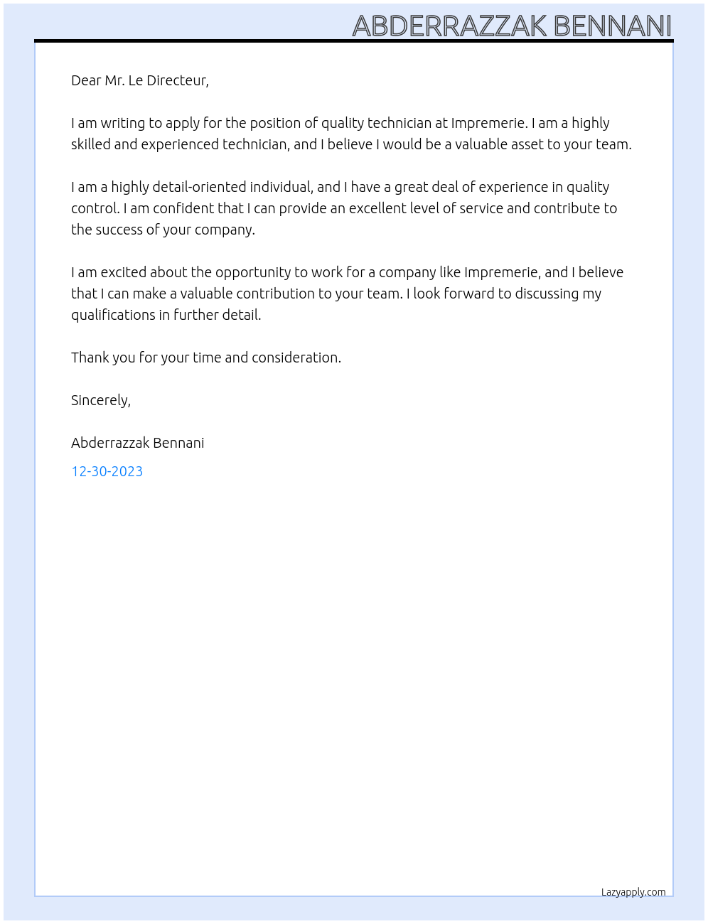 quality technician  At impremerie  Cover Letter