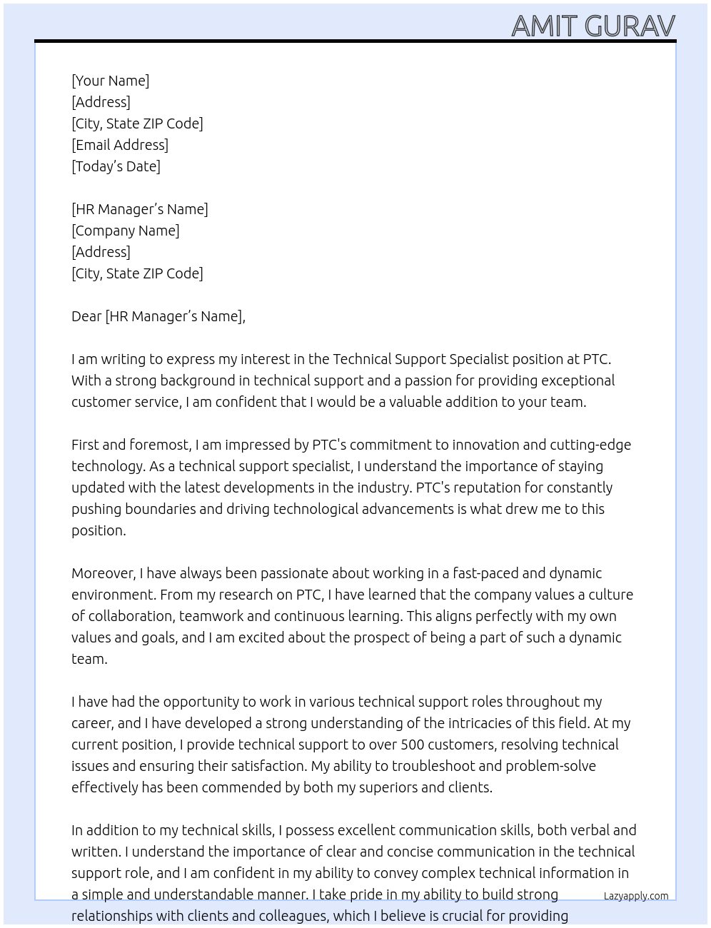 Technical support specialist At PTC Cover Letter