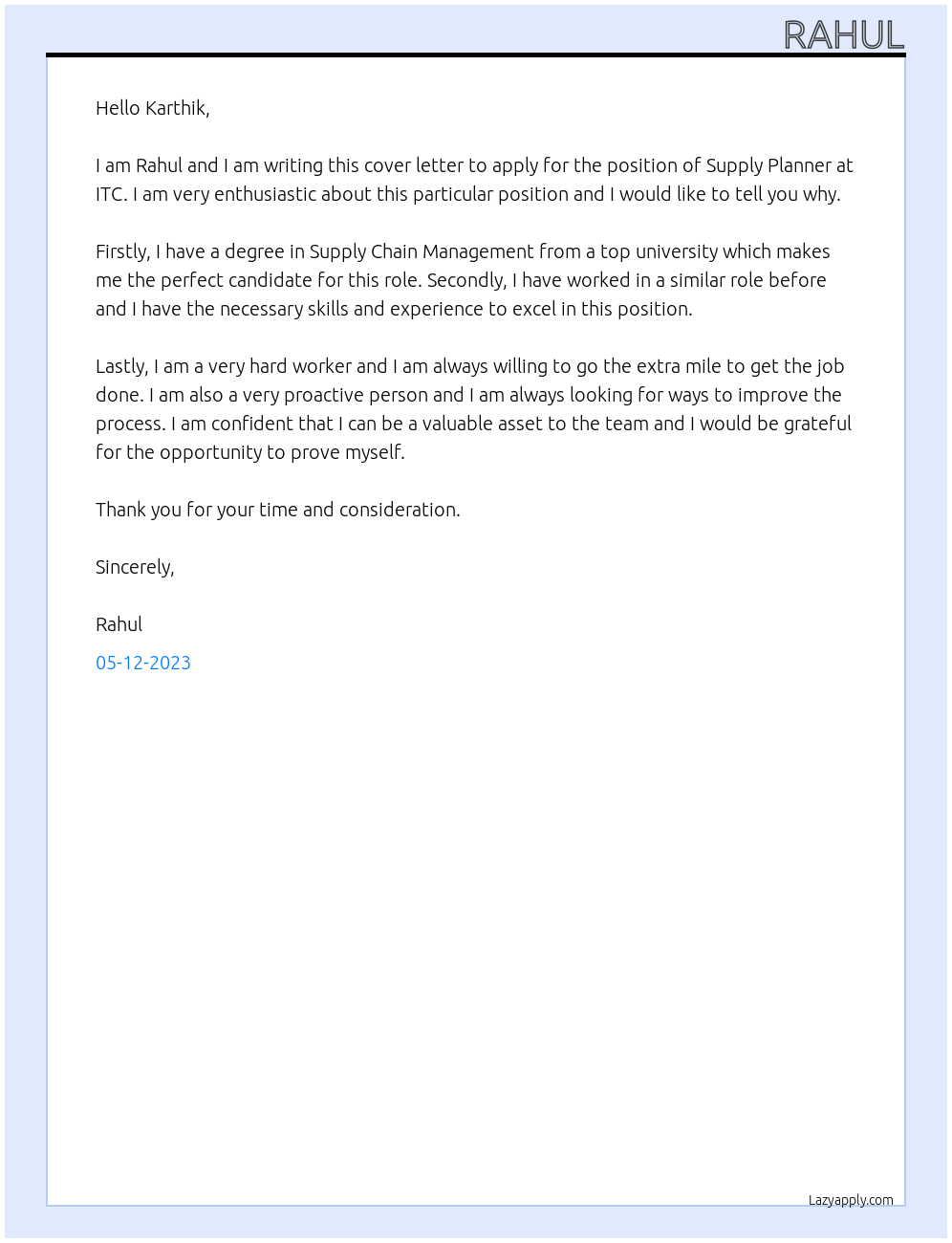 Supply Planner At ITC Cover Letter