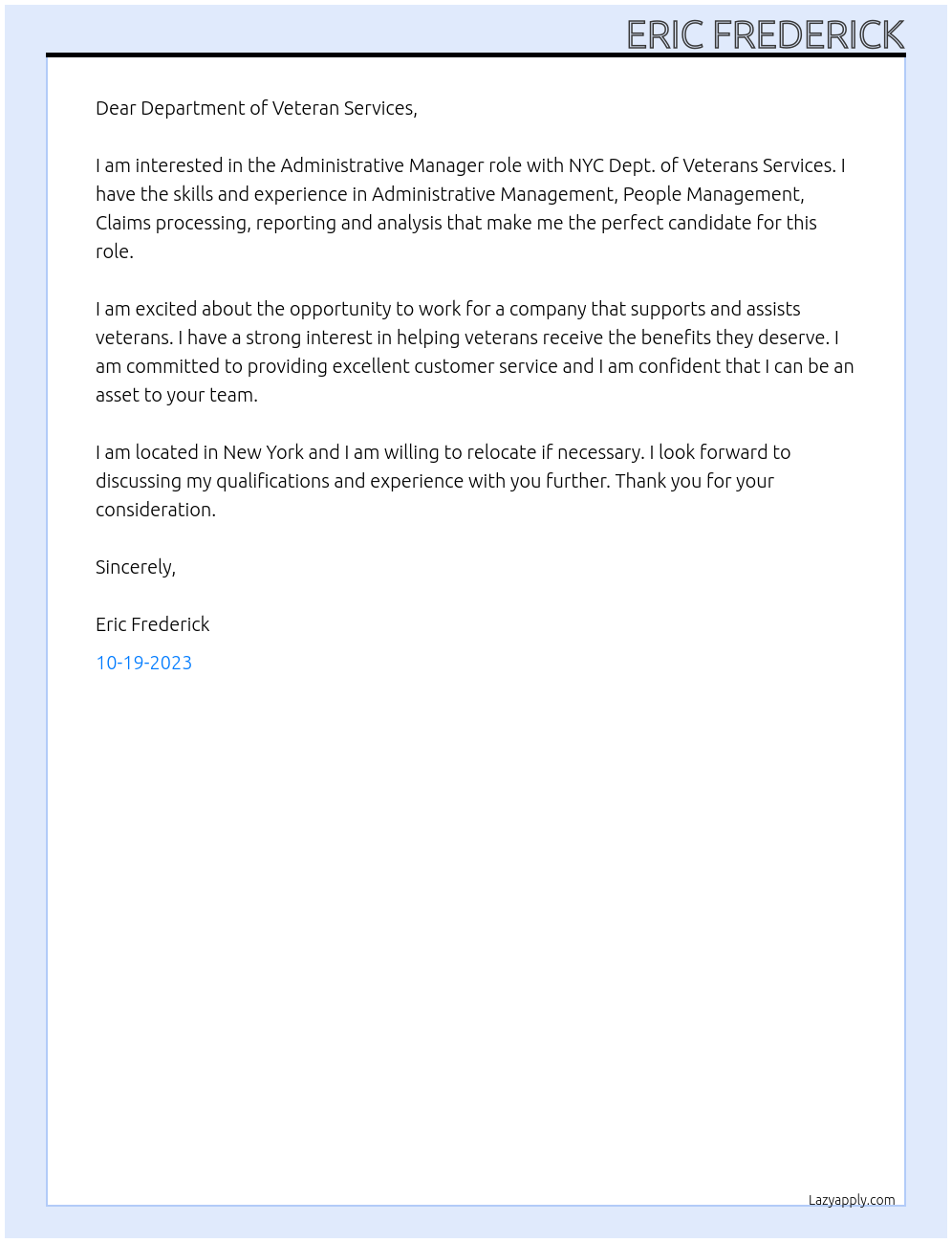 Administrative Manager At NYC Dept. of Veterans Services Cover Letter