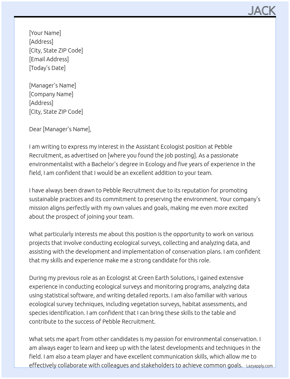 Assistant Ecologist At Pebble Recruitment  Cover Letter