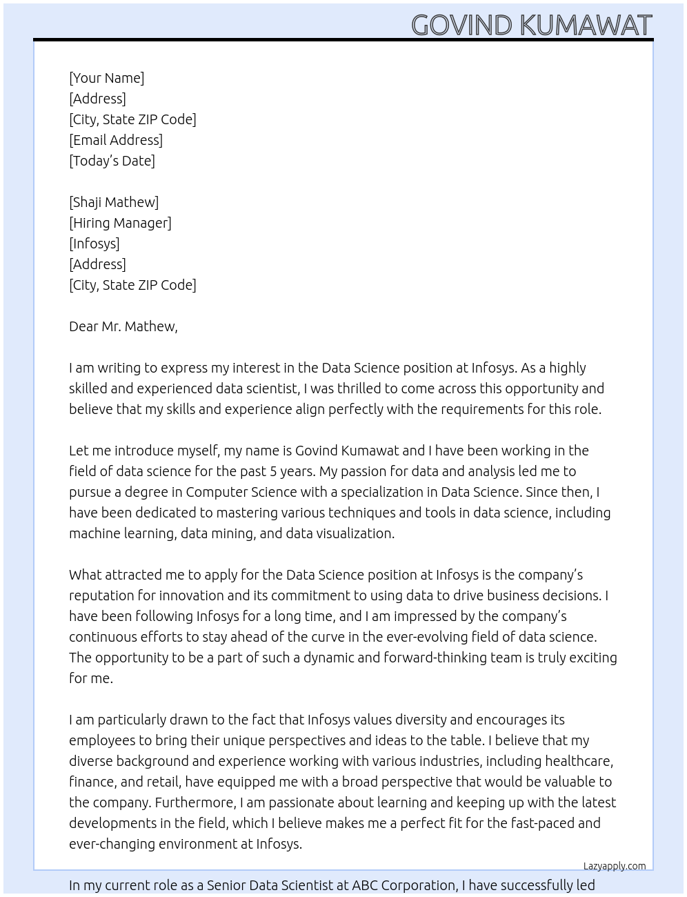 Data science At infosys Cover Letter