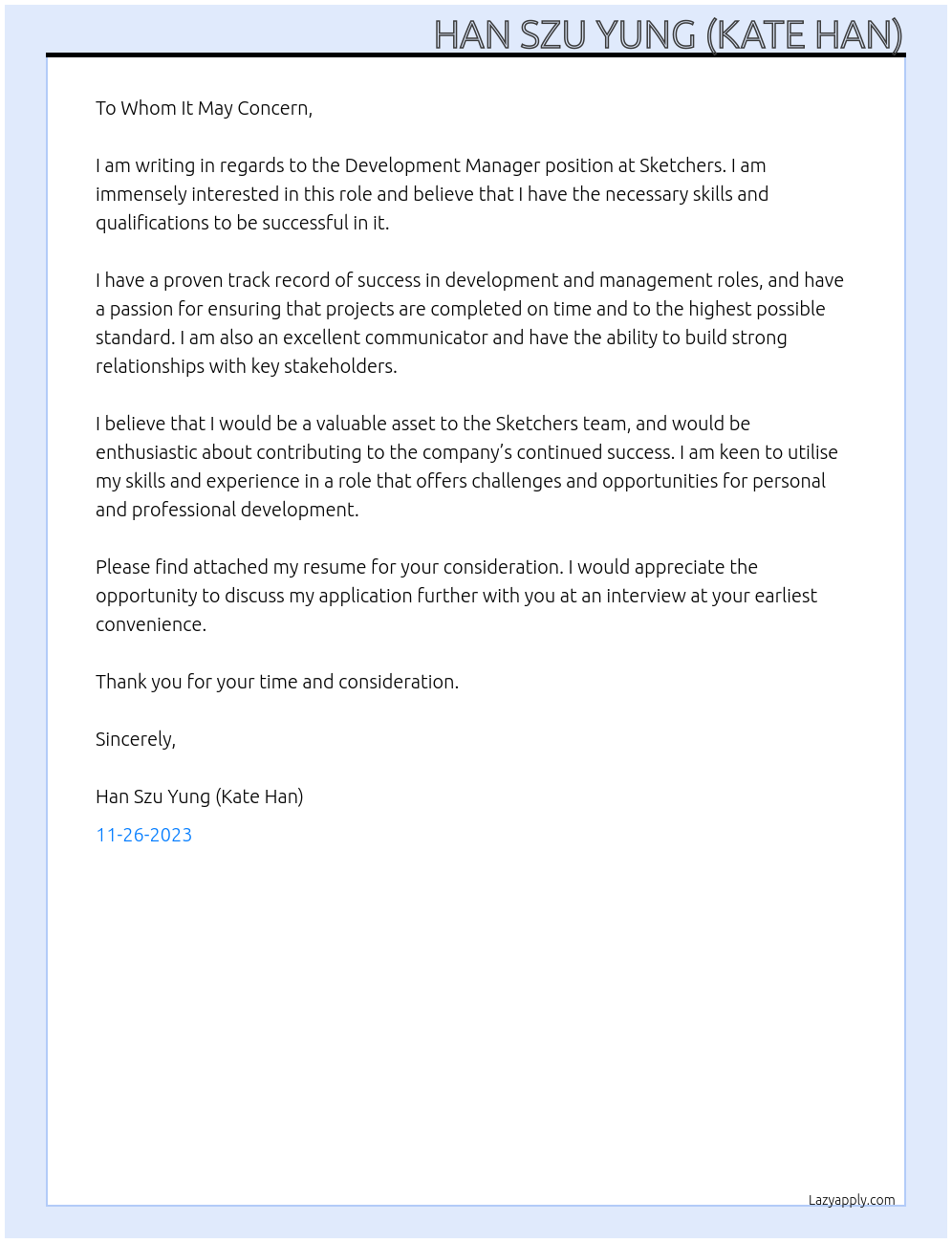 Development Manager At Sketchers Cover Letter