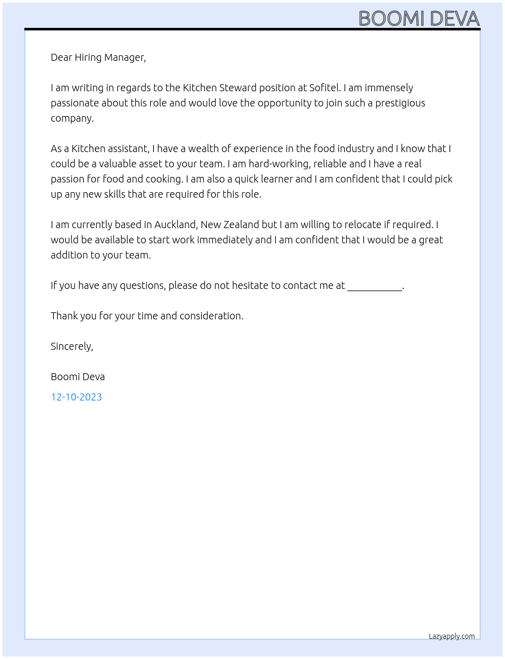 Kitchen Steward At Sofitel Cover Letter