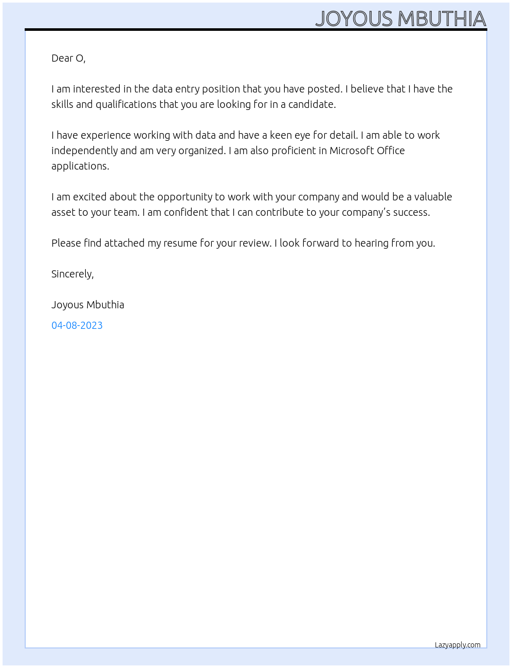 data entry At o Cover Letter