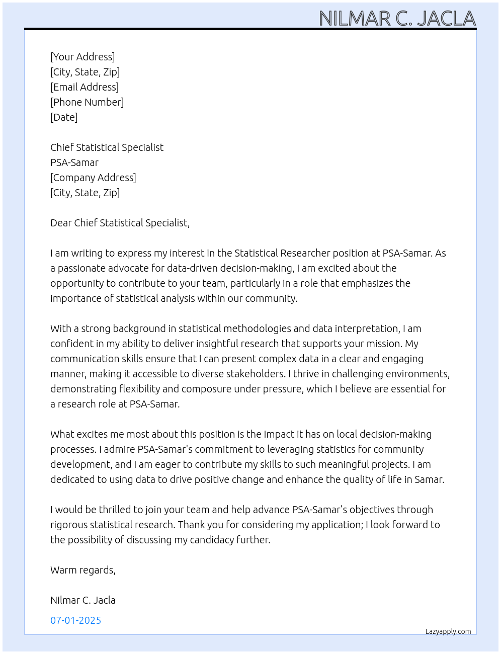 Cover letter for statistical researcher - LazyApply