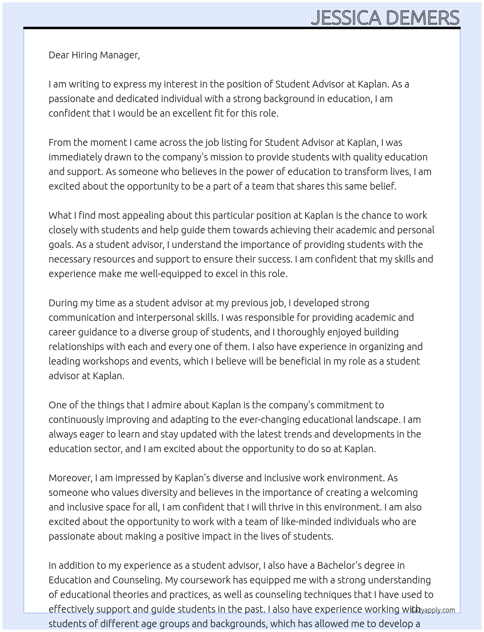 Student Advisor At Kaplan Cover Letter